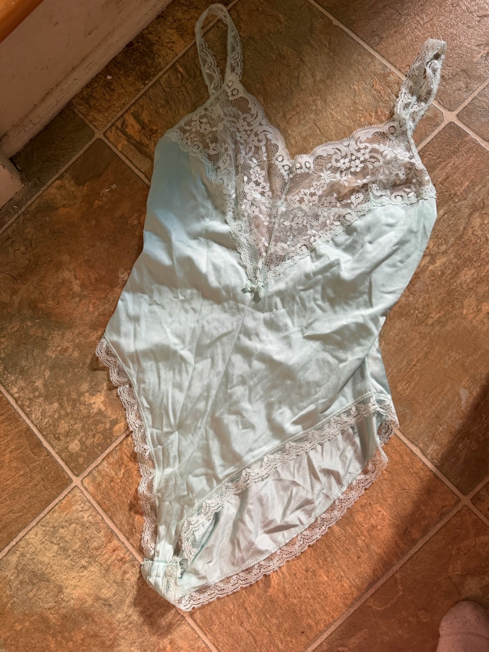 Vintage Light Mint Lace-Trim Satin Bodysuit